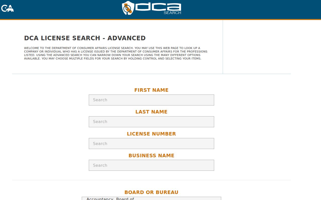 Orange County people search through DCA license fields
