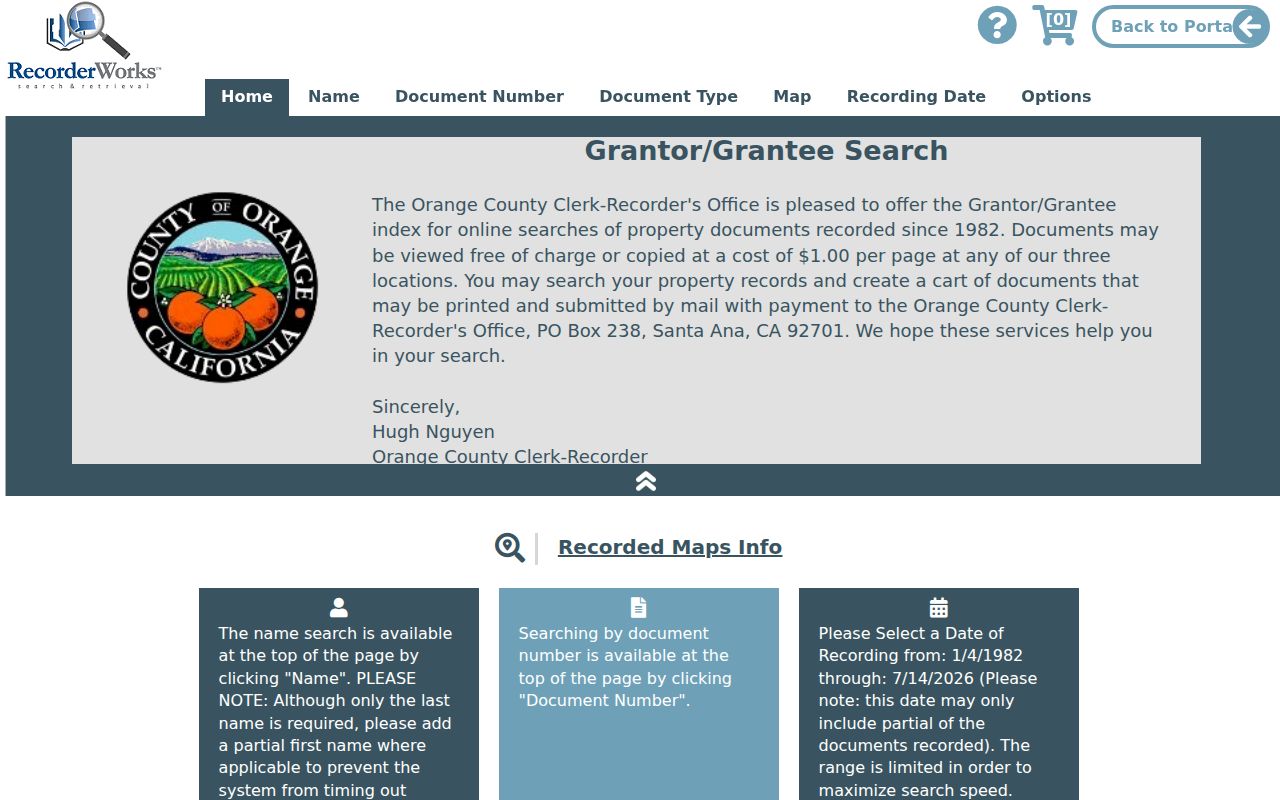 Orange County people search fields in RecorderWorks