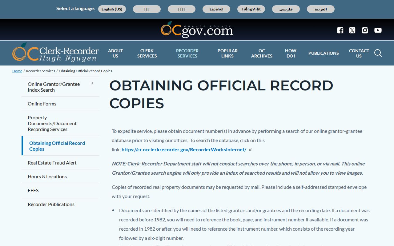 Orange County records instructions for official recorded copies