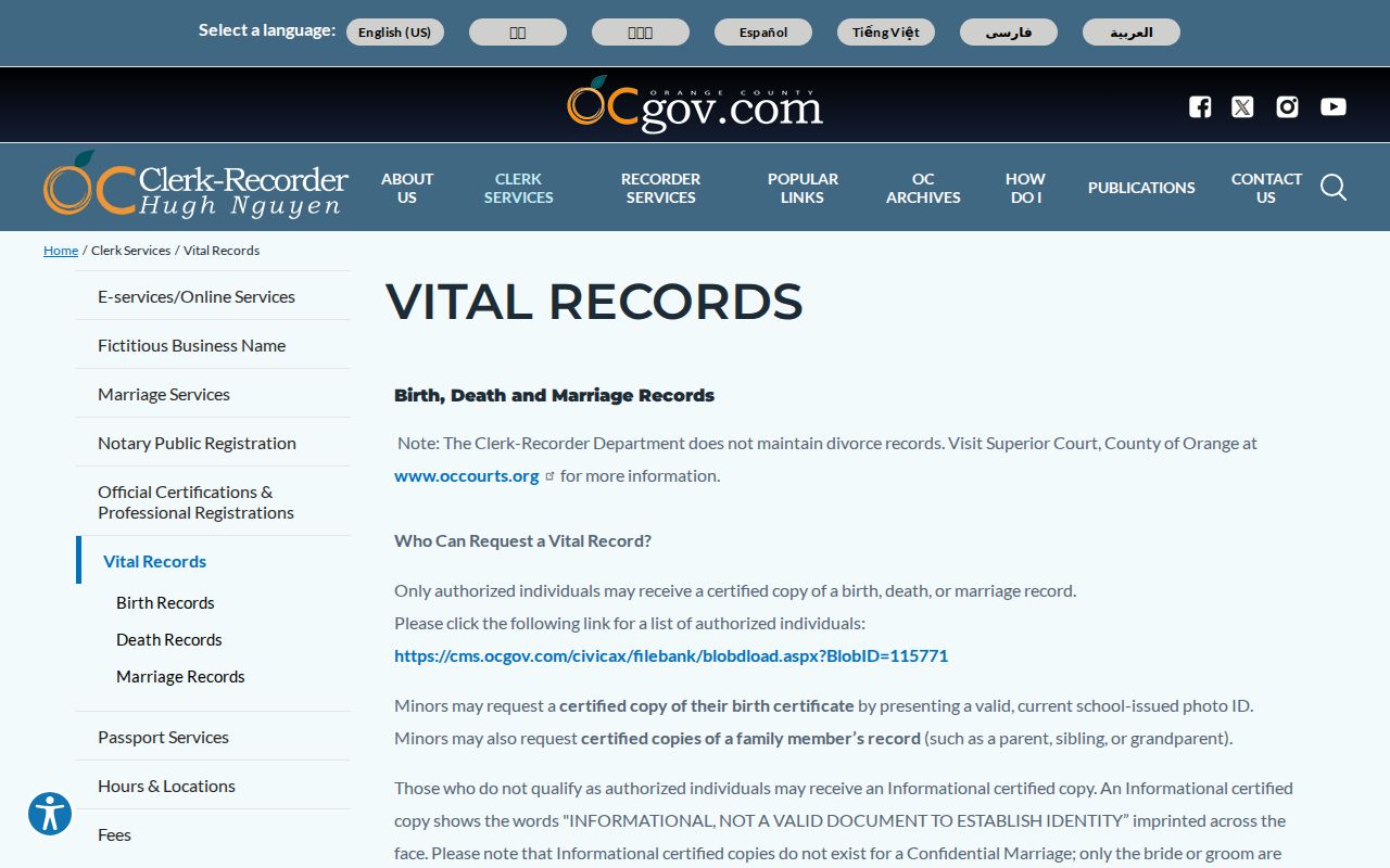 Orange County records page for vital certificate requests