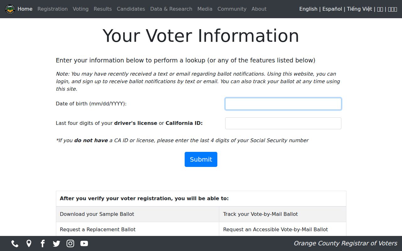 Orange County voter registration lookup verification fields