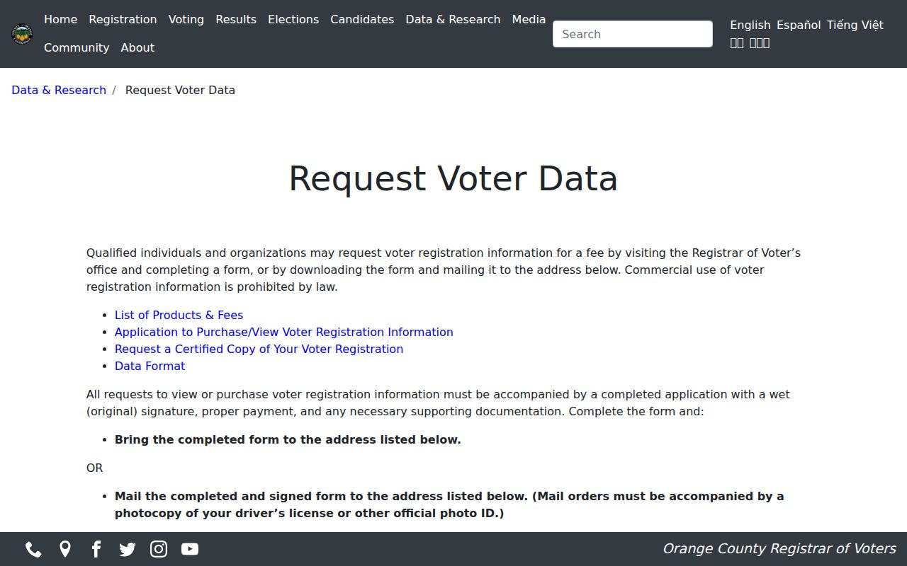 Orange County voter registration data request and purchase page